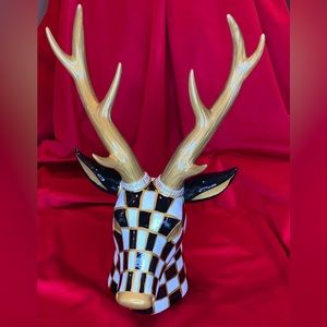 Hand Painted Ceramic, Black and White Checked Deer with Antlers